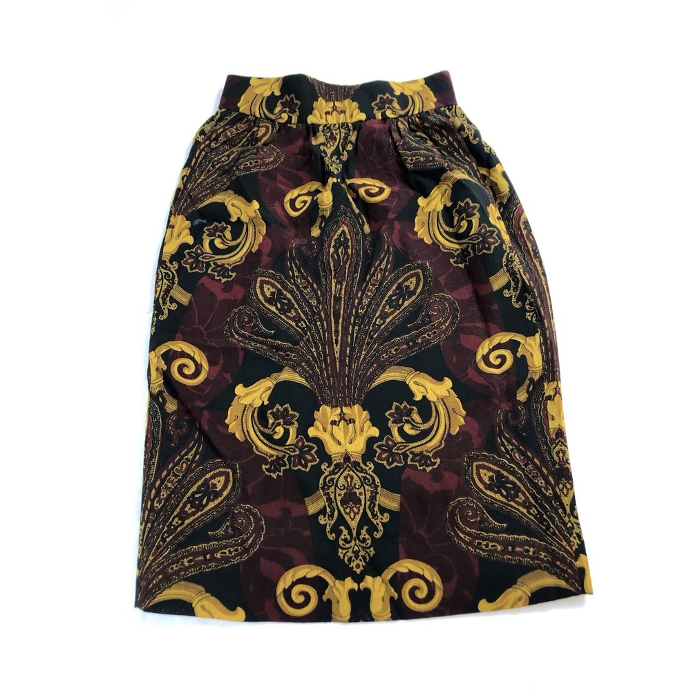 Vintage Gloria Sachs NY Wool Pencil Skirt Size 4 Baroque Paisley Burgundy Gold